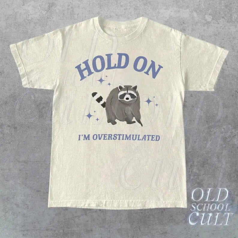 Hold I'M Overstimulated Retro Funny Raccoon Meme - Adult & Kids T-Shirts, Sweatshirts & Hoodies apparel design preview 1