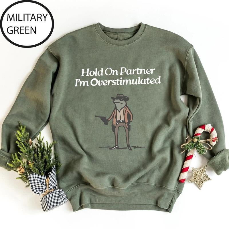 Hold Partner Im Overstimulated Cowboy Frog Unhinged - Adult & Kids T-Shirts, Sweatshirts & Hoodies apparel design preview 1