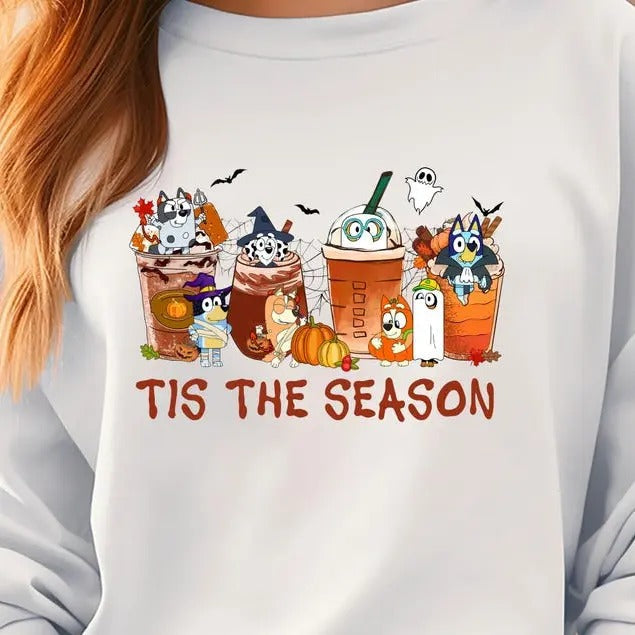Blue Y "Tis Season" Pumpkin Coffee Fall Halloween - Adult & Kids T-Shirts, Sweatshirts & Hoodies apparel design preview 1