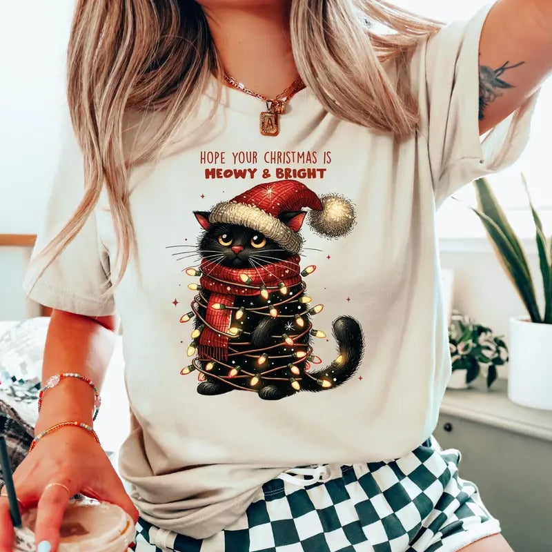 Hope Your Is Meowy Bright Lights Merry Cat Funny - Adult & Kids T-Shirts, Sweatshirts & Hoodies apparel design preview 1
