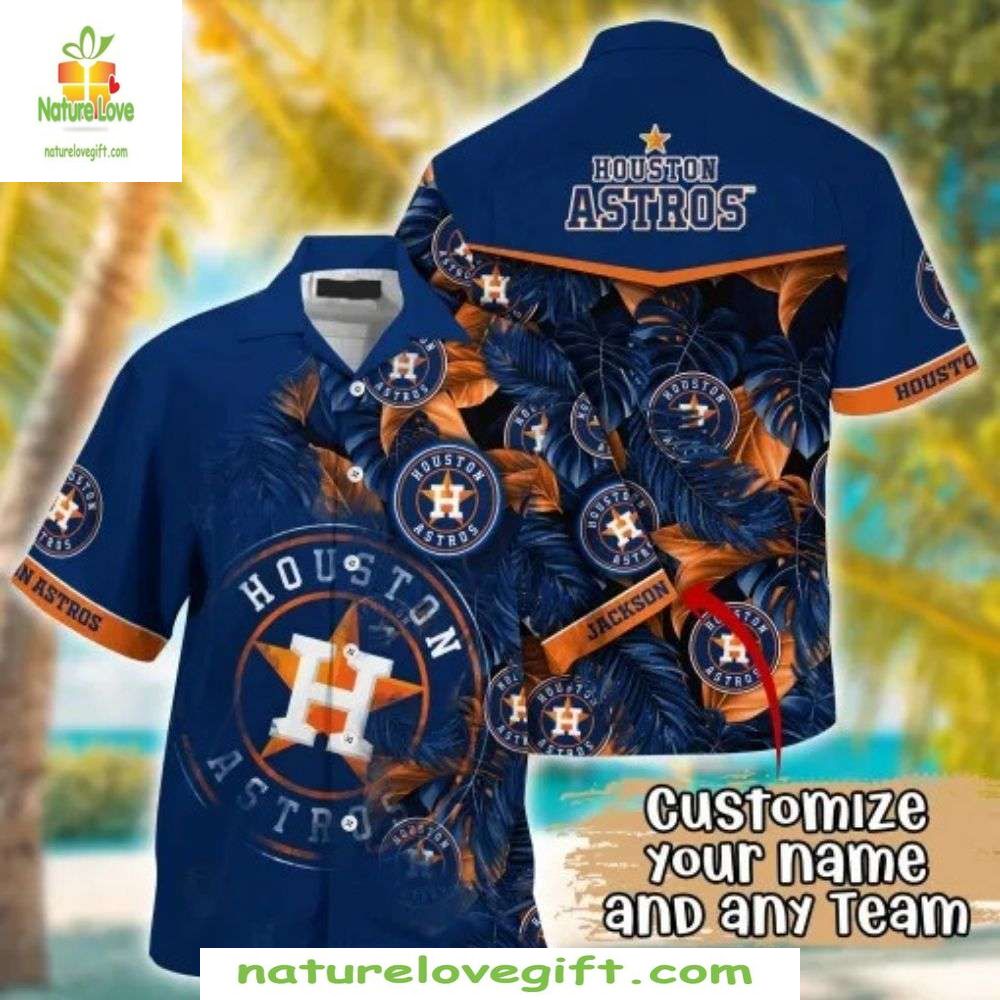 Houston Astros Hawaiian Navy Orange Tropical Baseball - Adult & Kids T-Shirts, Sweatshirts & Hoodies apparel design preview 1