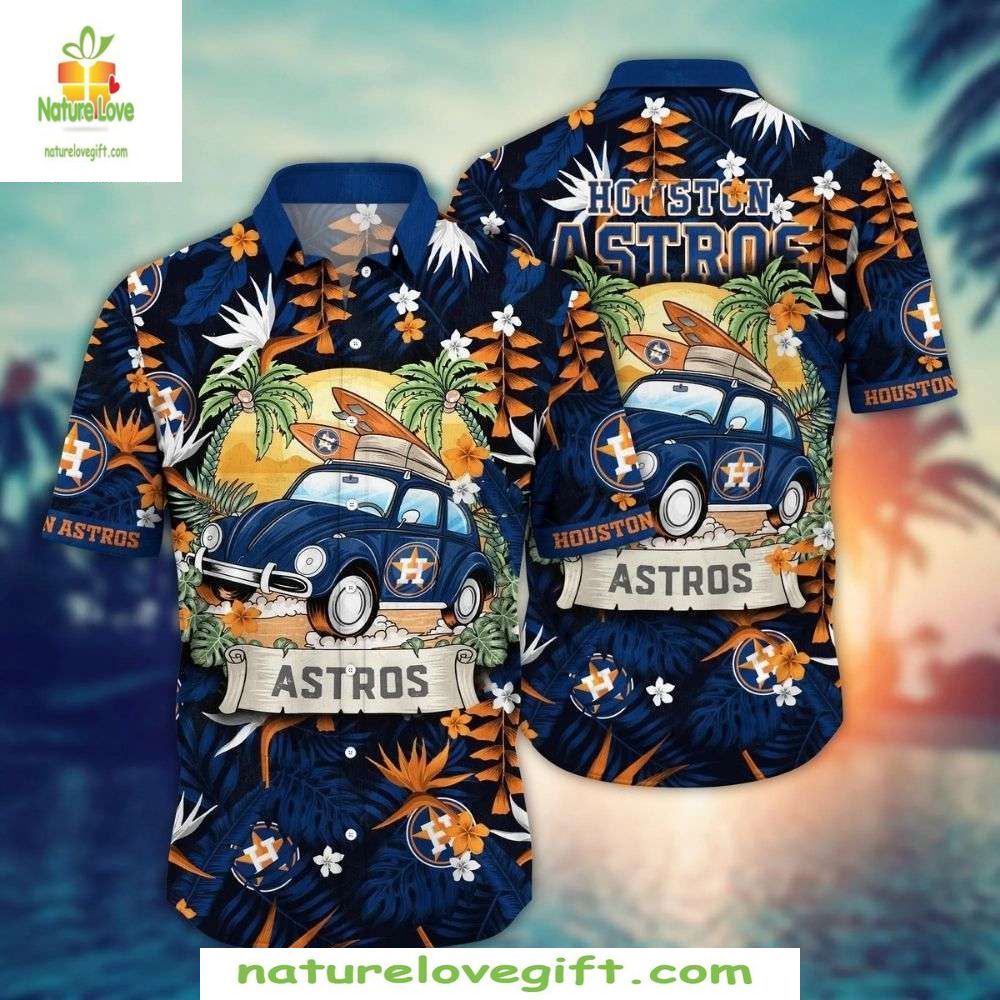 Houston Astros Hawaiian Vintage Car Tropical Flowers - Adult & Kids T-Shirts, Sweatshirts & Hoodies apparel design preview 1