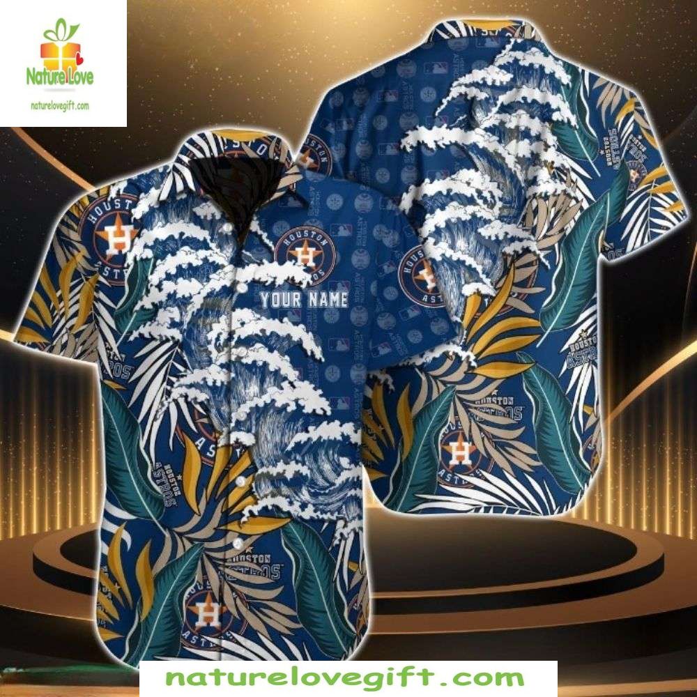 Houston Astros Hawaiian Royal Blue Gold Leaf MLB - Adult & Kids T-Shirts, Sweatshirts & Hoodies apparel design preview 1