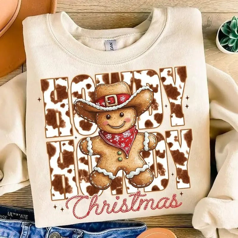 Howdy Gingerbread Man Cowprint Retro Western Season - Adult & Kids T-Shirts, Sweatshirts & Hoodies apparel design preview 1