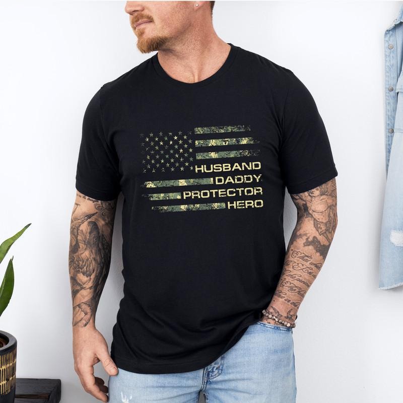 Husband Daddy Protector Hero Dad American Flag - Adult & Kids T-Shirts, Sweatshirts & Hoodies apparel design preview 1