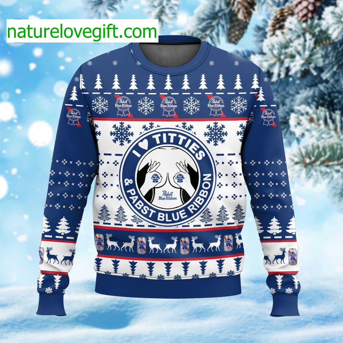 I Love Titties And Pabst Blue Ribbon Ugly Christmas Sweater - Holiday Gift product image