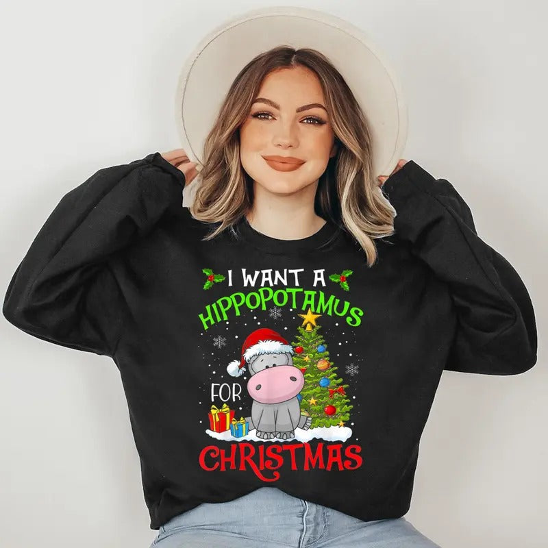 I Want Hippopotamus Xmas Hippo - Adult & Kids T-Shirts, Sweatshirts & Hoodies apparel design preview 1
