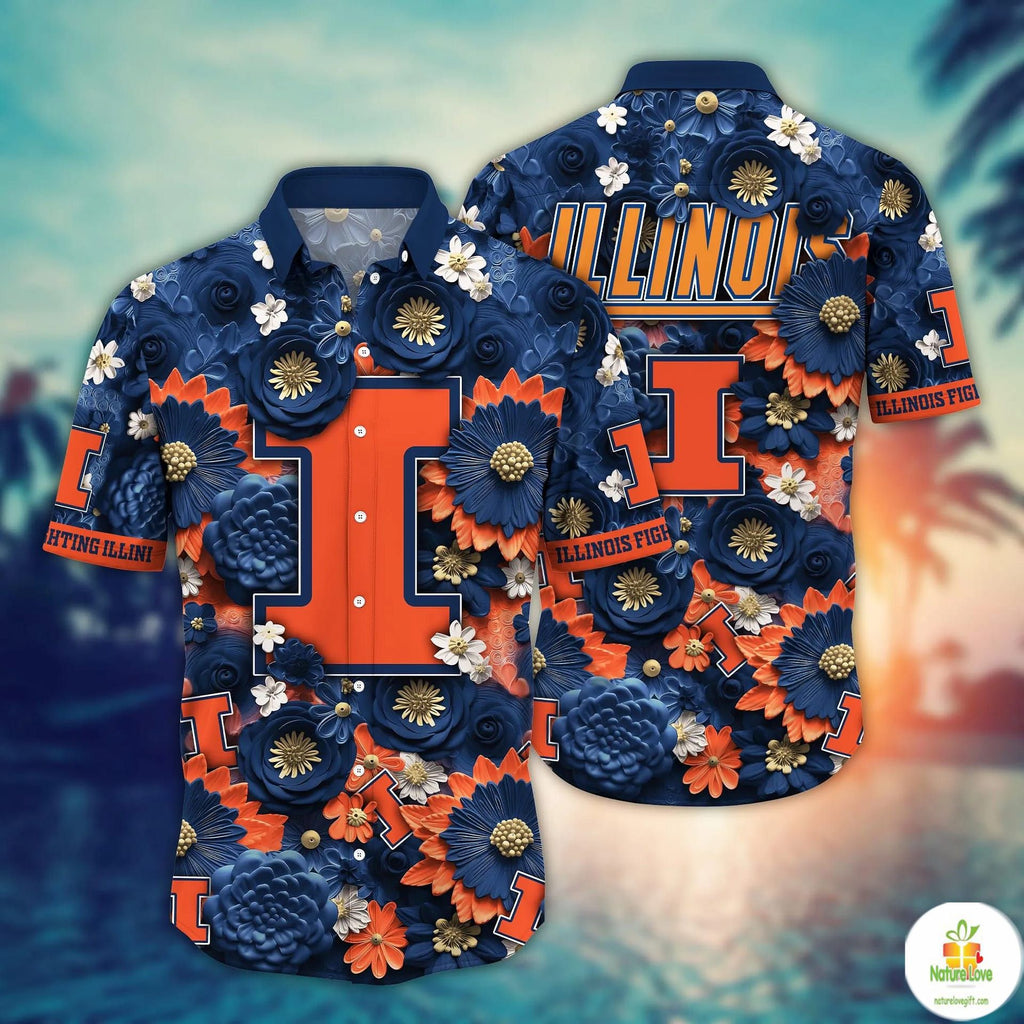 Illinois Fighting Illini NCAA Hawaiian Custom Team - Adult & Kids T-Shirts, Sweatshirts & Hoodies apparel design preview 1