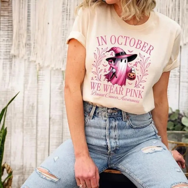 October We Pink Ghost Halloween Ribbon Breast Cancer - Adult & Kids T-Shirts, Sweatshirts & Hoodies apparel design preview 1