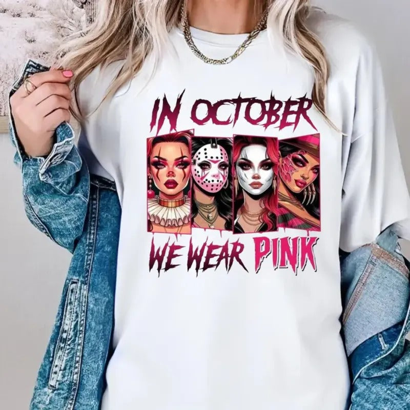 October We Pink Halloween Movie Characters Breast - Adult & Kids T-Shirts, Sweatshirts & Hoodies apparel design preview 1