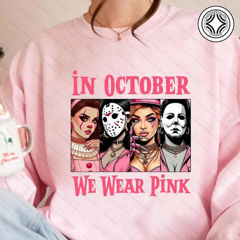 October We Pink Halloween Characters Movies Breast - Adult & Kids T-Shirts, Sweatshirts & Hoodies apparel design preview 1