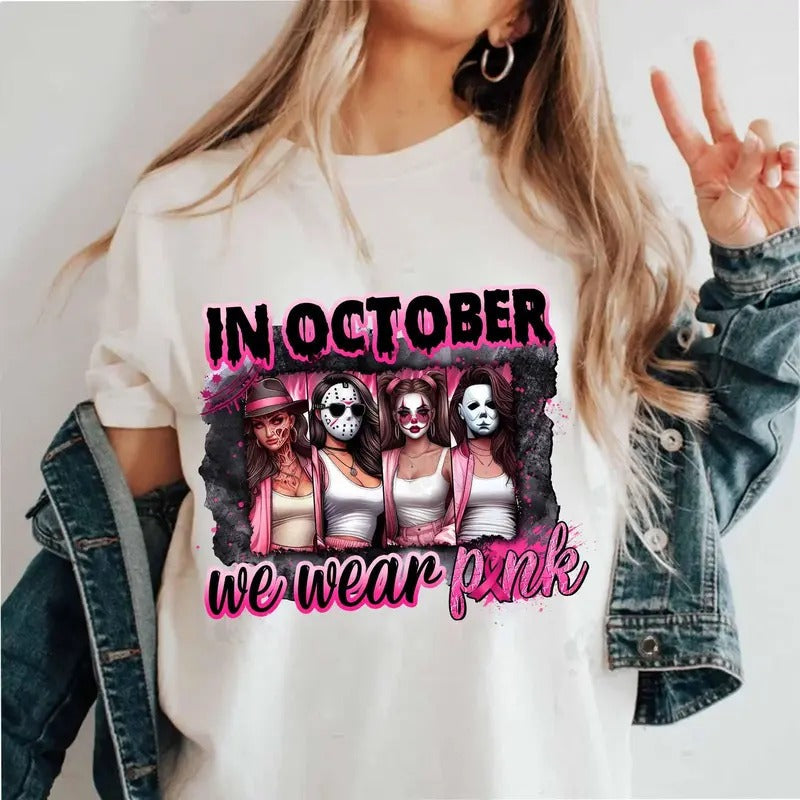October We Pink Horror Movie Halloween Friends Br3ast - Adult & Kids T-Shirts, Sweatshirts & Hoodies apparel design preview 1