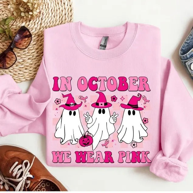 October We Pink Wizard Ghosts Breast Cancer Halloween - Adult & Kids T-Shirts, Sweatshirts & Hoodies apparel design preview 1