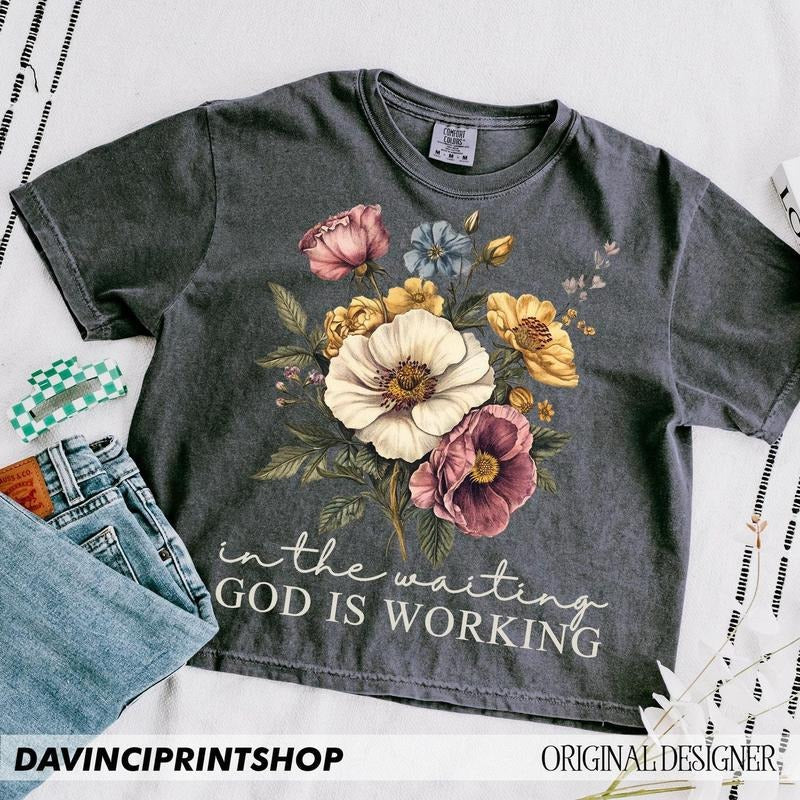 Waiting God Is Working Vintage Floral Christian - Adult & Kids T-Shirts, Sweatshirts & Hoodies apparel design preview 1