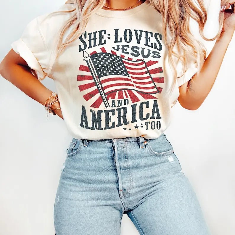 "Independence Day Christian 4th July She Loves Jesus - Adult & Kids T-Shirts, Sweatshirts & Hoodies apparel design preview 1