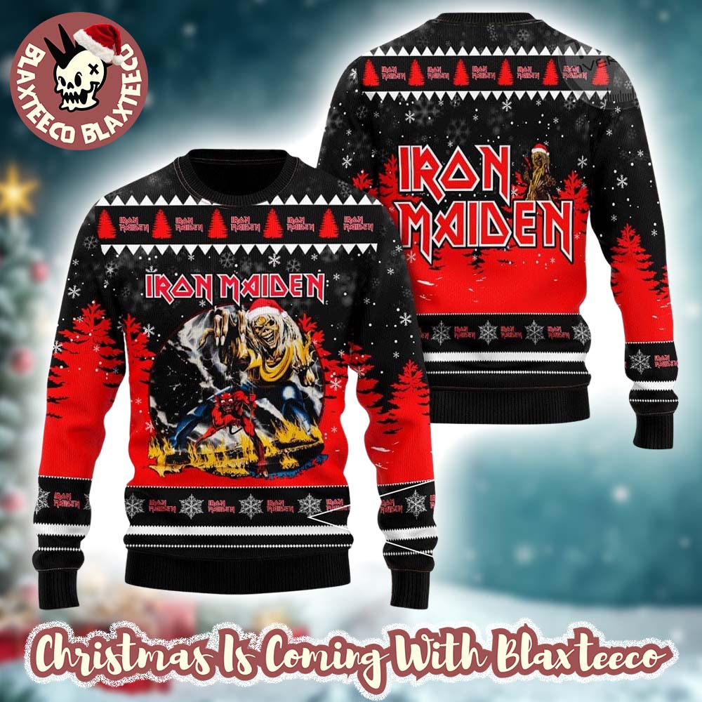 Iron Maiden Eddie The Number Of the Beast With Santa Hat Into The Snowy Night Signature Knitted Ugly Christmas Sweater - Holiday Gift product image