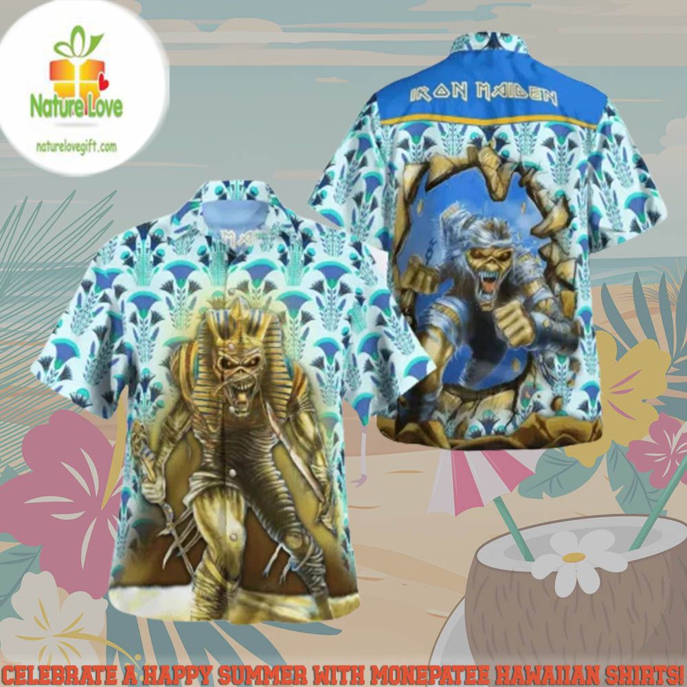 Iron Maiden Powerslave 1984 Hawaiian Beach Short Set - Adult & Kids T-Shirts, Sweatshirts & Hoodies apparel design preview 1