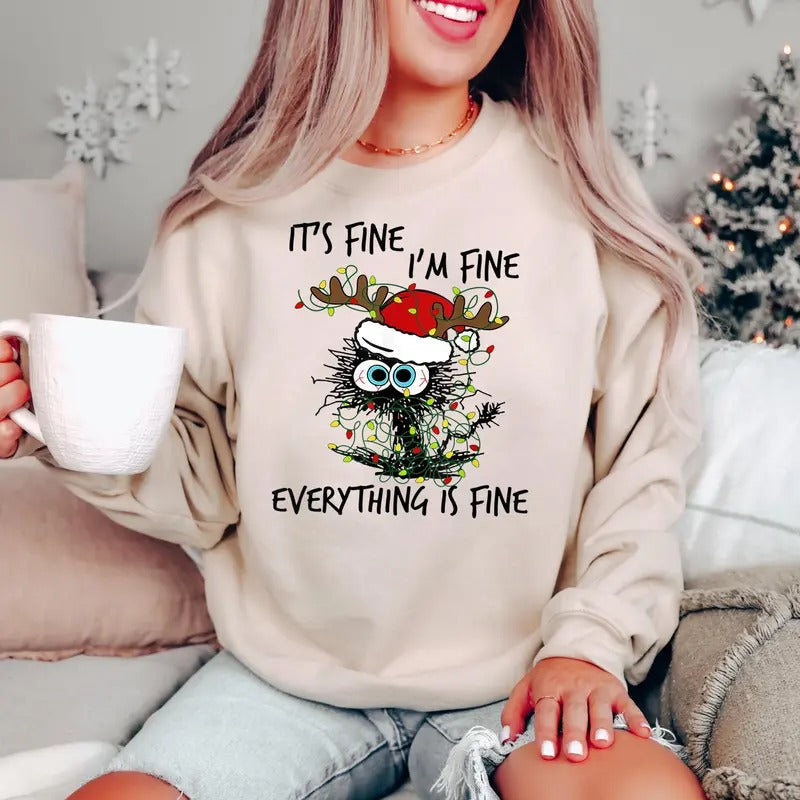 Is Fine I Am Everything Cat Meowy Black Merry Lover - Adult & Kids T-Shirts, Sweatshirts & Hoodies apparel design preview 1