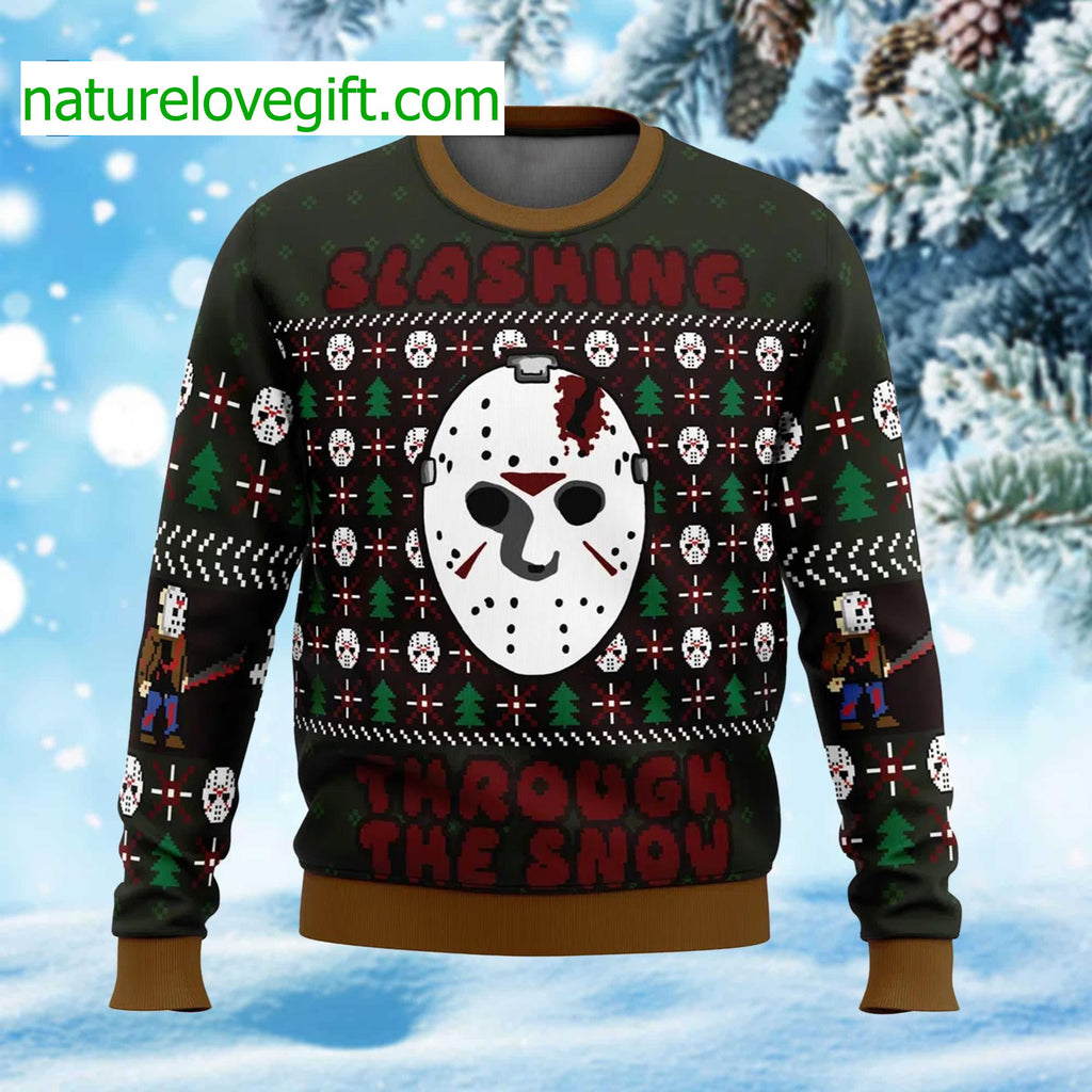 Jason Voorhees Slashing Through The Snow Ugly Christmas Sweater - Holiday Gift product image