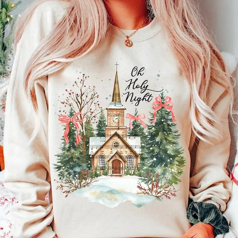 Jesus Coquette Tree Oh Holy Night Hand Drawn - Adult & Kids T-Shirts, Sweatshirts & Hoodies apparel design preview 1