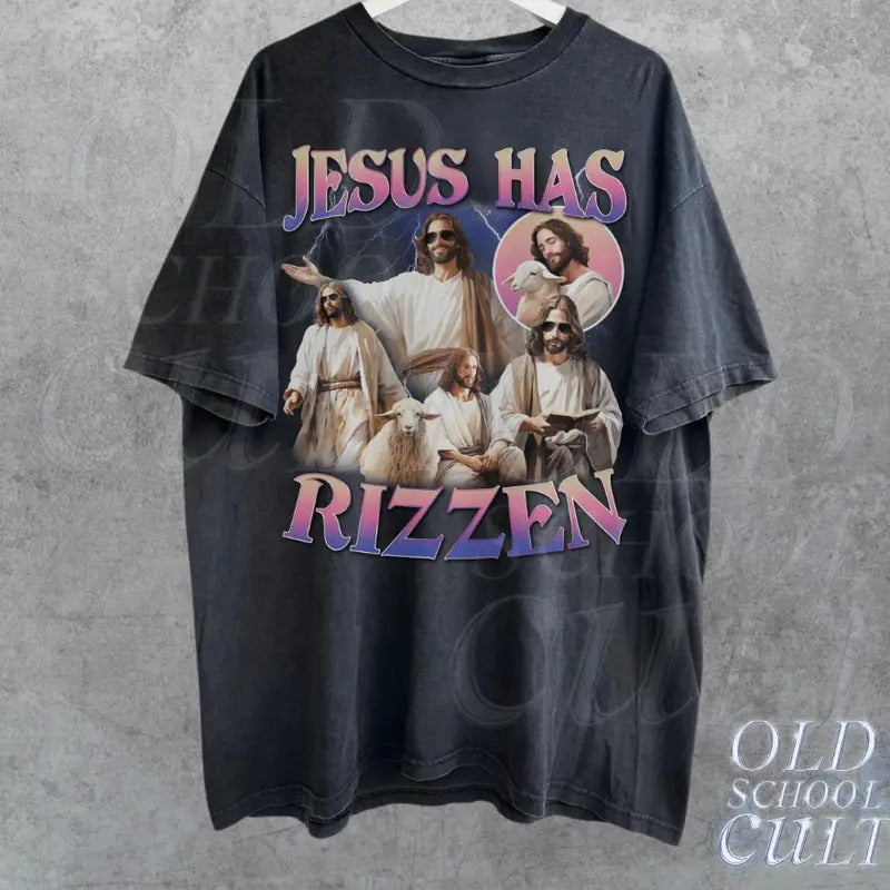 Jesus Has Rizzen Vintage Retro 90s Funny Distressed - Adult & Kids T-Shirts, Sweatshirts & Hoodies apparel design preview 1