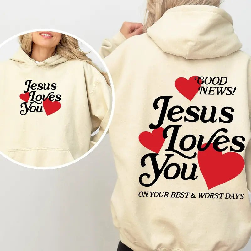 Jesus Loves You Good News Front Back Hearts Christian - Adult & Kids T-Shirts, Sweatshirts & Hoodies apparel design preview 1