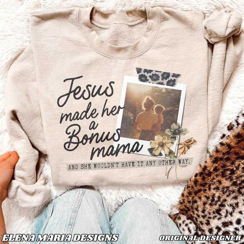 Jesus Made Her Bonus Mama Praying Mom Vintage - Adult & Kids T-Shirts, Sweatshirts & Hoodies apparel design preview 1