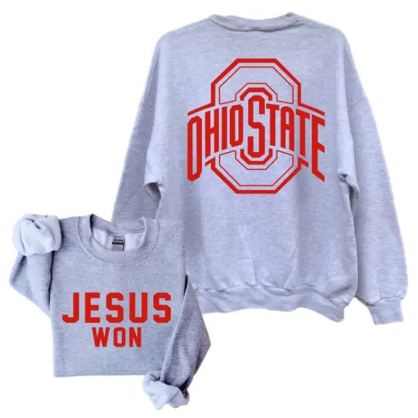 Jesus Won Ohio State Bold Red Text Soft Cotton Fabric - Adult & Kids T-Shirts, Sweatshirts & Hoodies apparel design preview 1