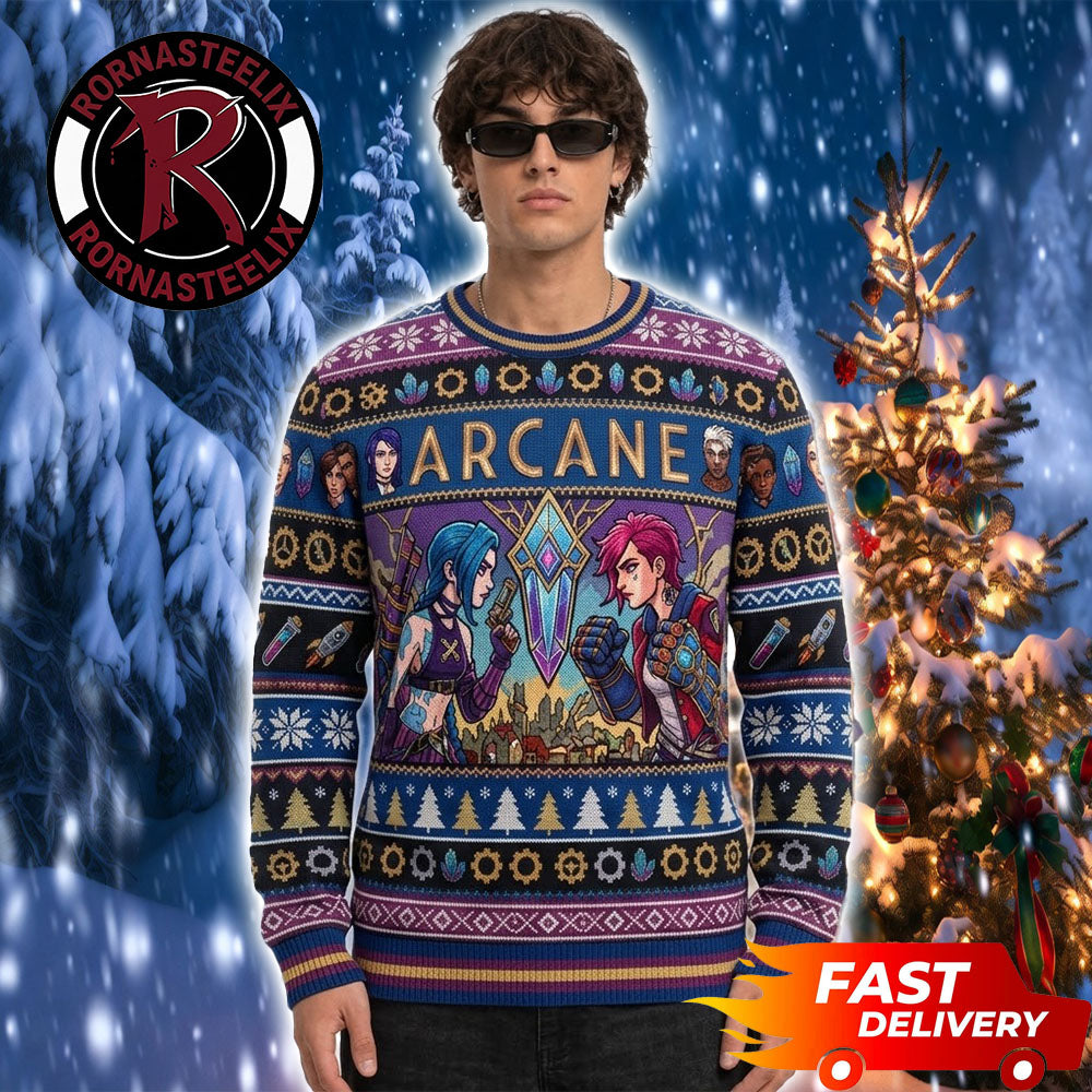 Jinx and Vi Crystal City Purple Pattern League Of Legends Christmas Arcane Ugly Christmas Sweater - Holiday Gift product image