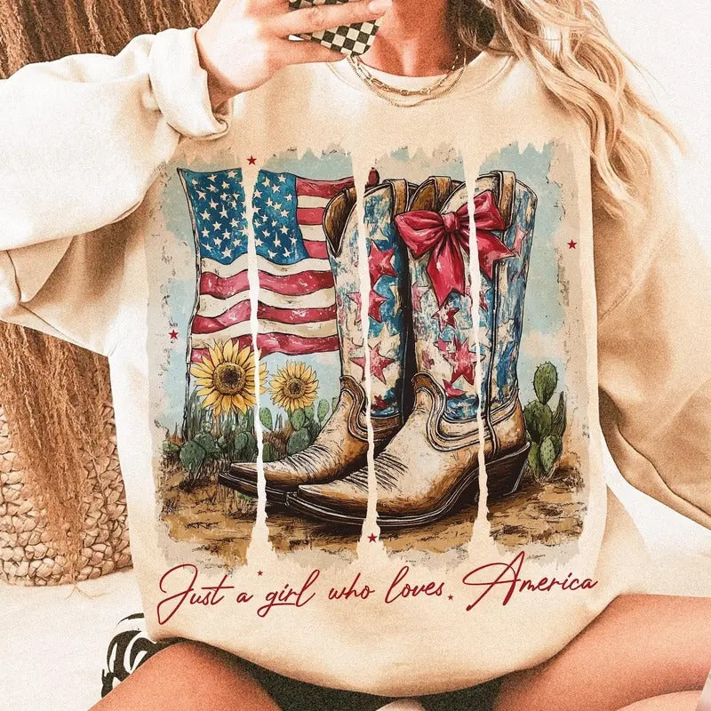 Just Girl Who Loves America Western 4th July Cowgirl - Adult & Kids T-Shirts, Sweatshirts & Hoodies apparel design preview 1