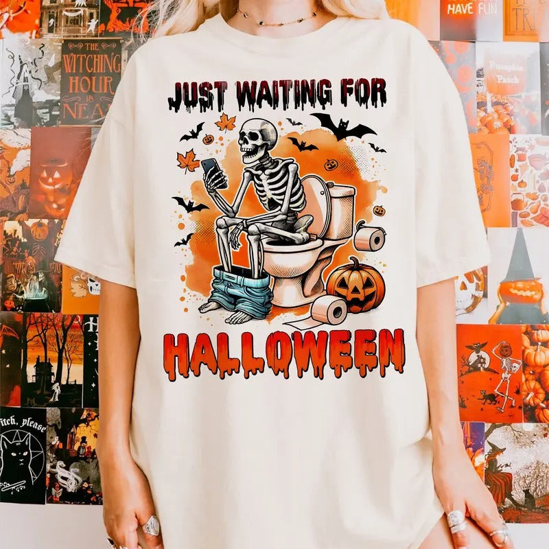 Just Wating Halloween Skelet0n Funny Horror Happy - Adult & Kids T-Shirts, Sweatshirts & Hoodies apparel design preview 1