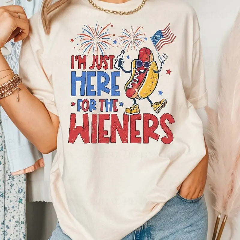 Just Here Wieners 4th July Funny Hot Dog Independence - Adult & Kids T-Shirts, Sweatshirts & Hoodies apparel design preview 1