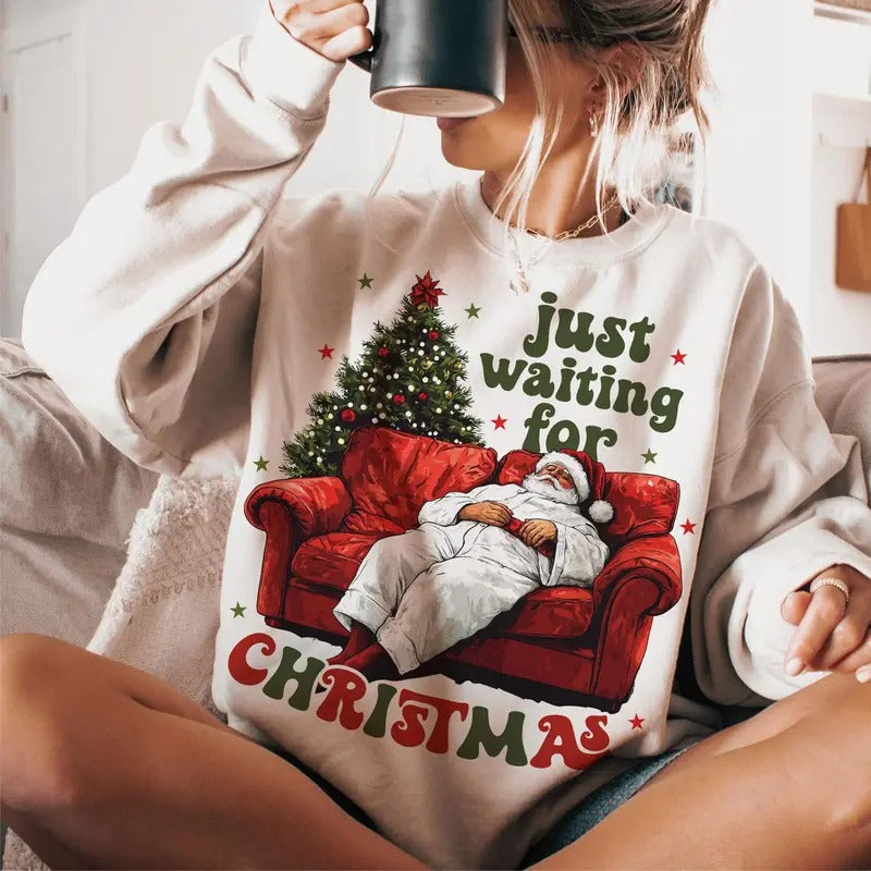 Just Waiting Santa Claus Retro Merry - Adult & Kids T-Shirts, Sweatshirts & Hoodies apparel design preview 1
