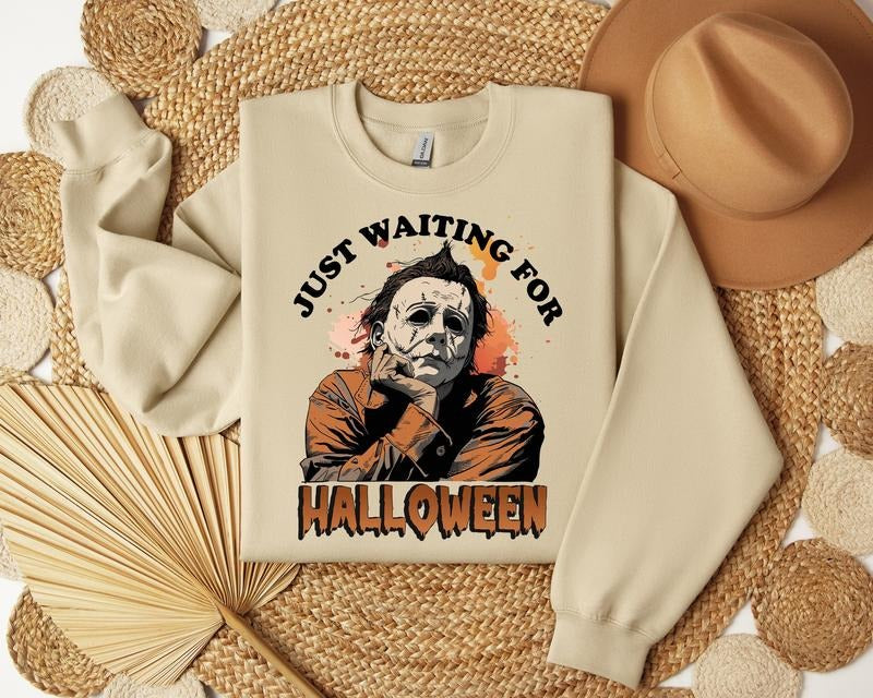 Just Waiting Halloween Retro Horror Characters Spooky - Adult & Kids T-Shirts, Sweatshirts & Hoodies apparel design preview 1