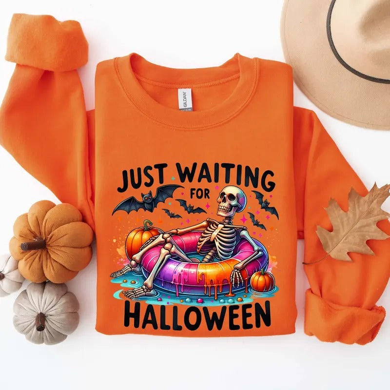 Just Waiting Halloween Funny Skull Summer Skeleton - Adult & Kids T-Shirts, Sweatshirts & Hoodies apparel design preview 1