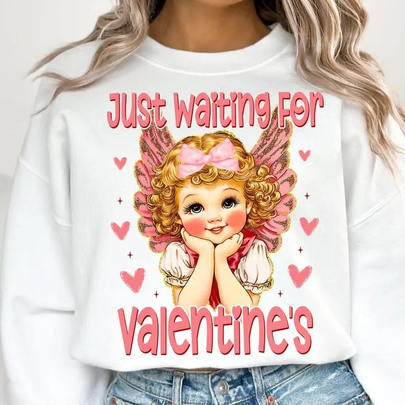 Just Waiting Valentines Retro Valentine Cupid Heart - Adult & Kids T-Shirts, Sweatshirts & Hoodies apparel design preview 1