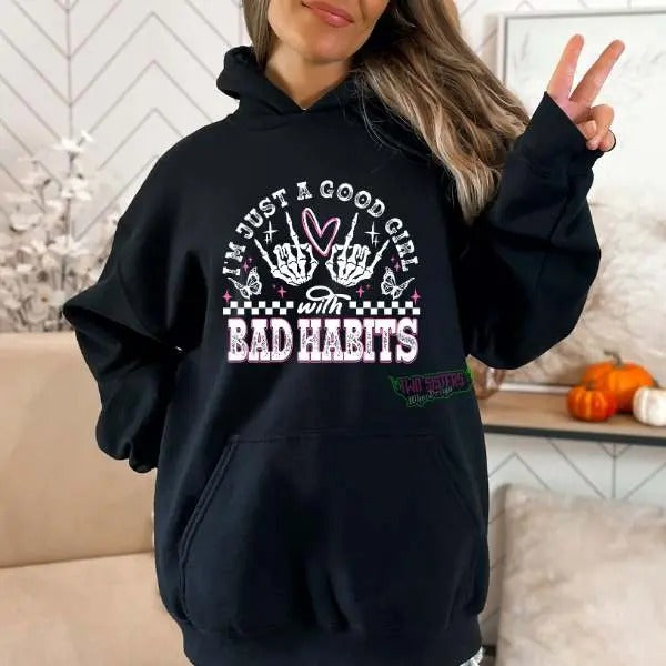 Just Good Girl Bad Habits Grunge Goth Alt Winter - Adult & Kids T-Shirts, Sweatshirts & Hoodies apparel design preview 1