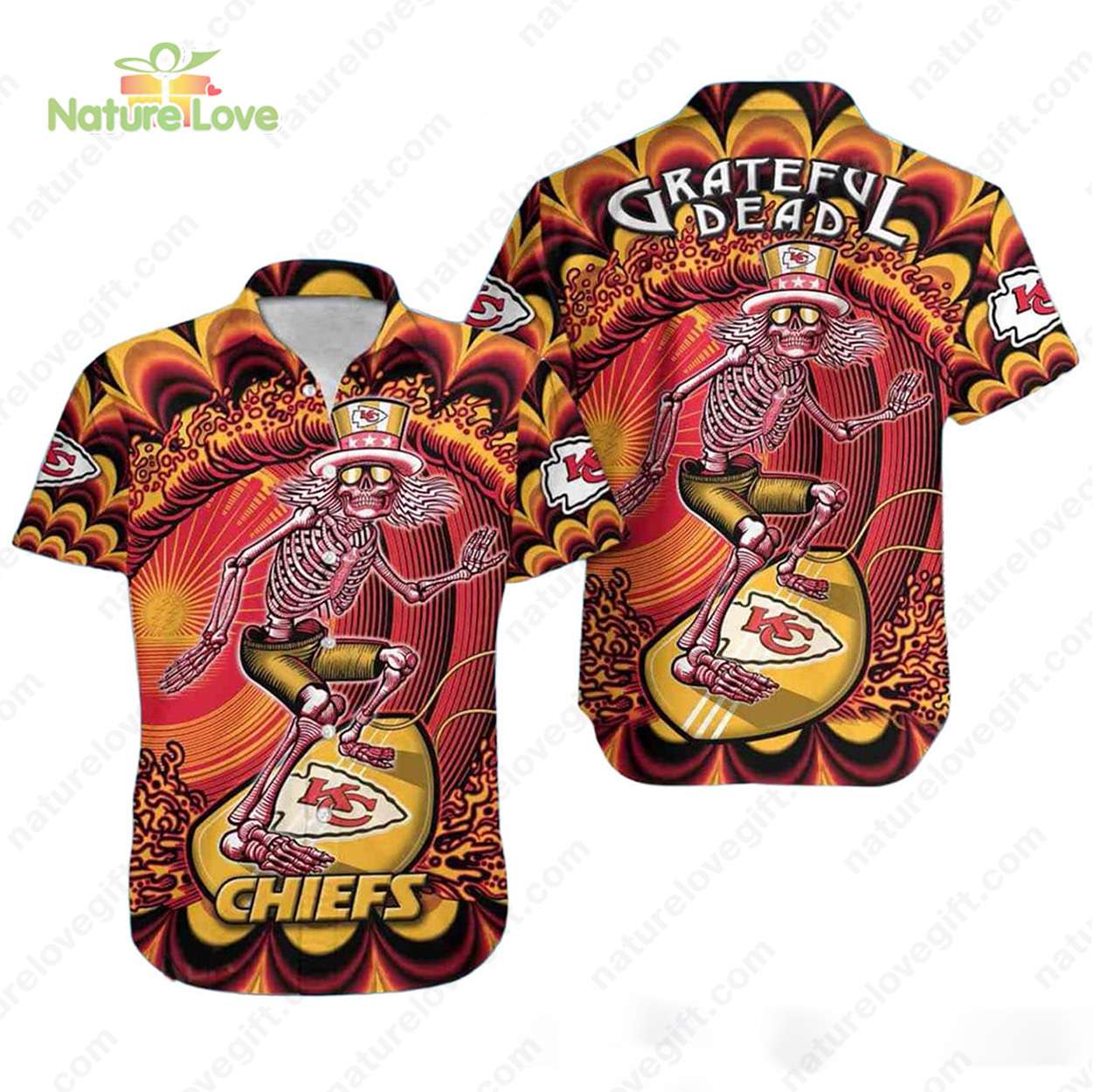 Kansas City Chiefs Grateful Dead Skeleton Hawaiian - Adult & Kids T-Shirts, Sweatshirts & Hoodies apparel design preview 1