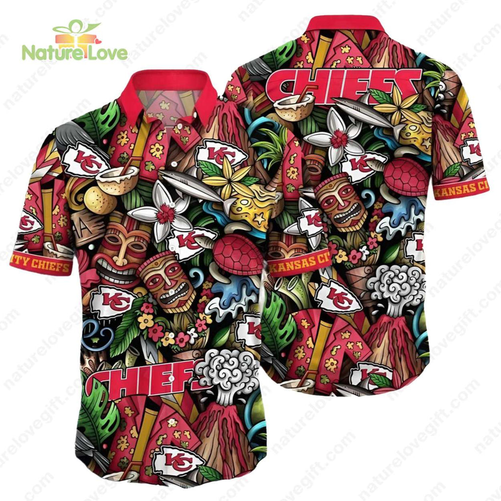 Kansas City Chiefs Tiki Icons Button Up Hawaiian - Adult & Kids T-Shirts, Sweatshirts & Hoodies apparel design preview 1