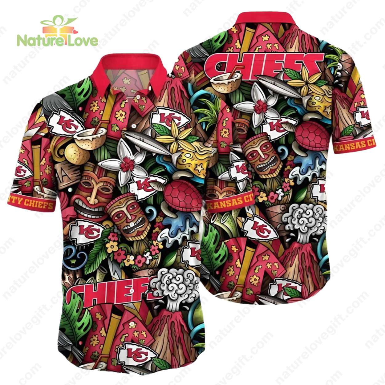 Kansas City Chiefs Tiki Icons Button Up Hawaiian - Adult & Kids T-Shirts, Sweatshirts & Hoodies apparel design preview 1