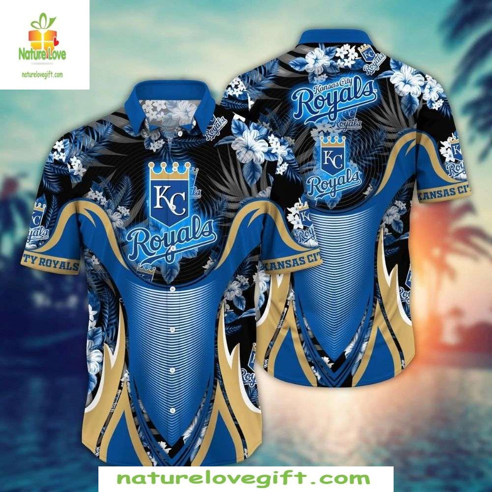 Kansas City Royals Hawaiian Blue Floral Wave Baseball - Adult & Kids T-Shirts, Sweatshirts & Hoodies apparel design preview 1
