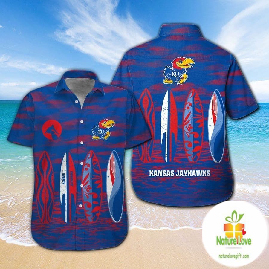 Kansas Jayhawks Hawaiian Short Sleeve Aloha Button Up - Adult & Kids T-Shirts, Sweatshirts & Hoodies apparel design preview 1