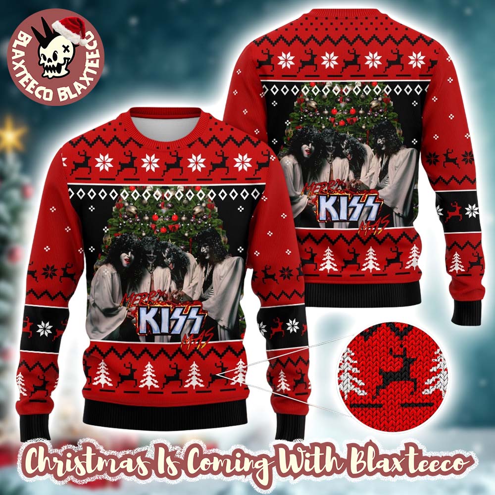Kiss Band Merry Kissmas Under The Xmas Tree Holiday Style With Reindeer Knitted Red Ugly Christmas Sweater - Holiday Gift product image