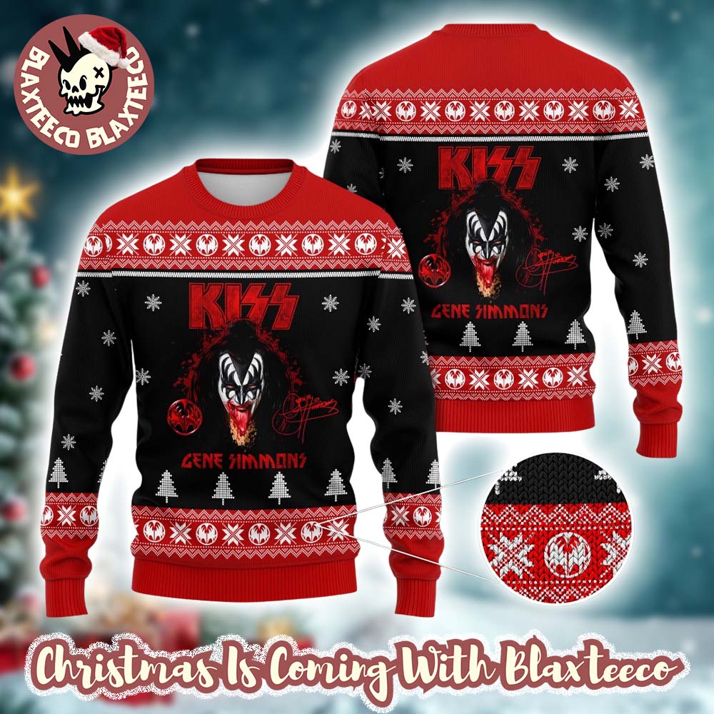 Kiss Gene Simmons Bloody Tongue With His Signature Black And Red Ugly Christmas Sweater - Holiday Gift product image