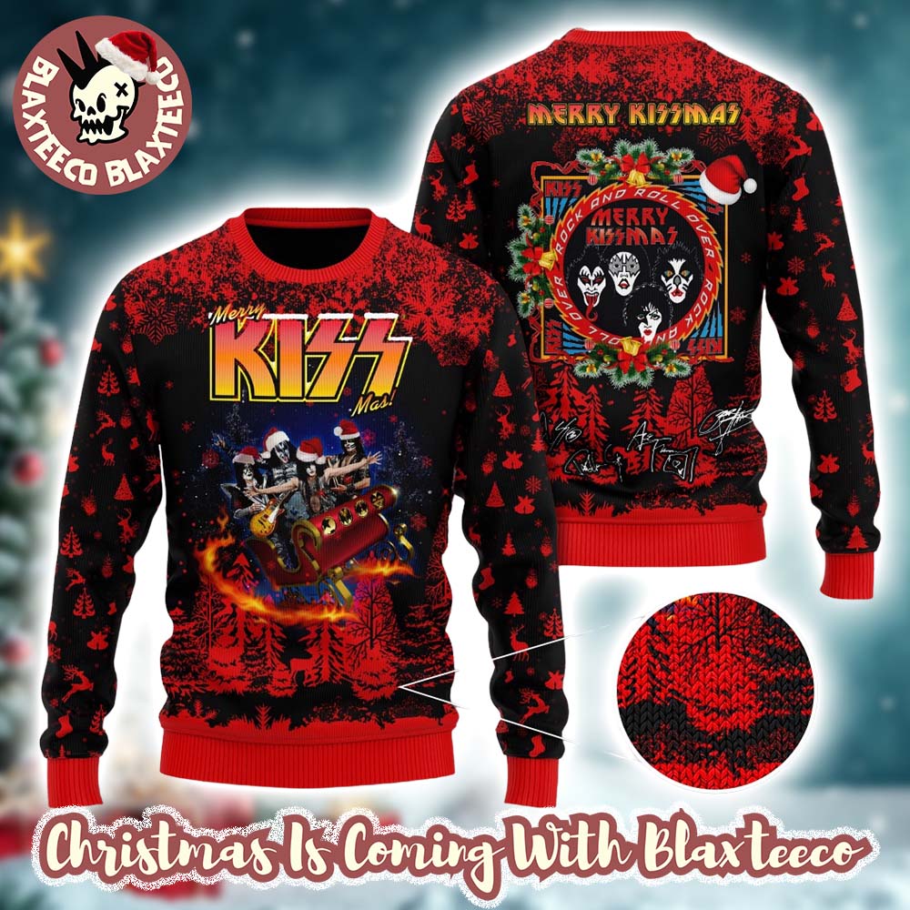 Kiss Merry Kissmas Rock And Roll In The Reindeer Sleigh Ugly Christmas Sweater - Holiday Gift product image