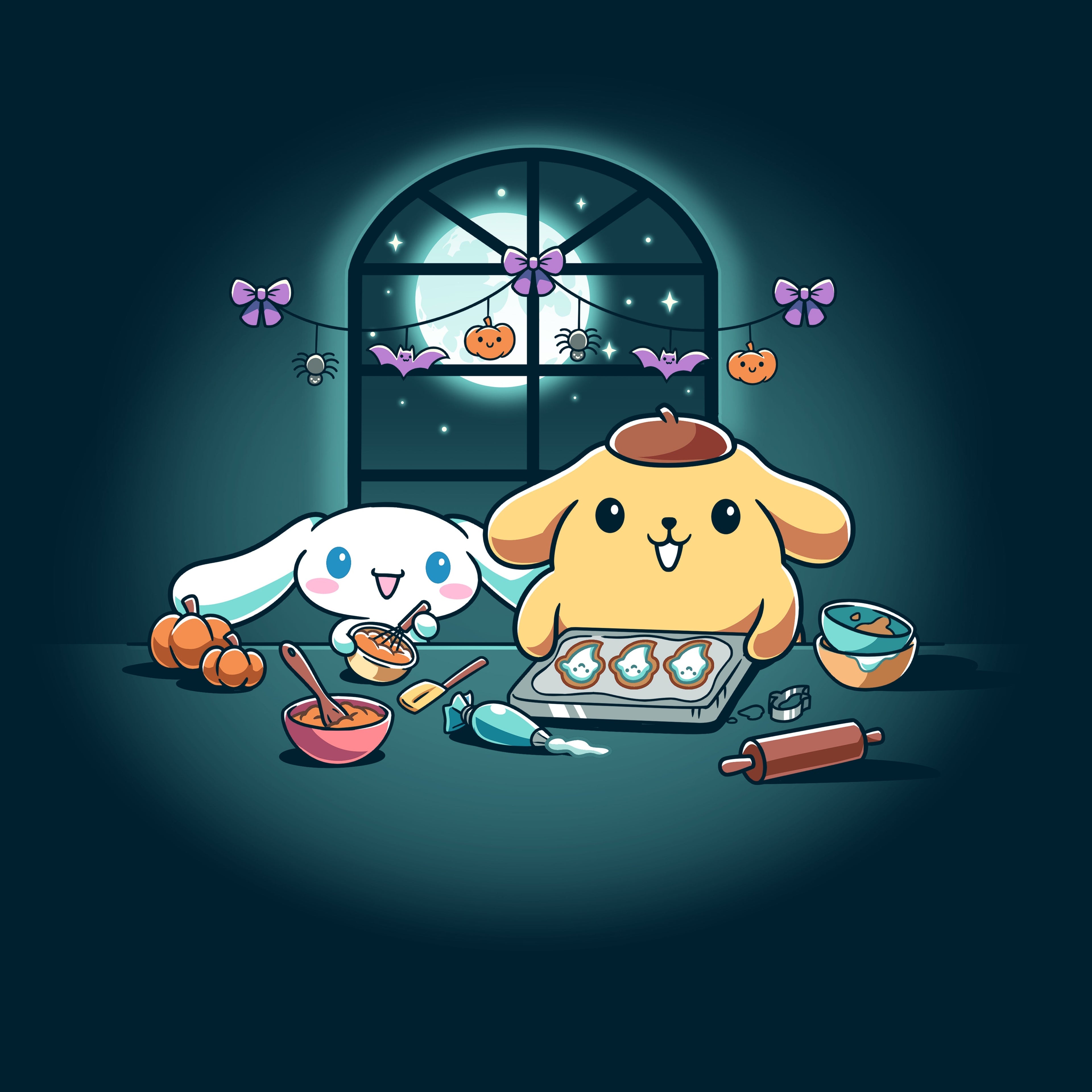 Cinnamoroll and Pompompurin's Halloween Baking - Adult & Kids T-Shirts, Sweatshirts & Hoodies apparel design preview 1