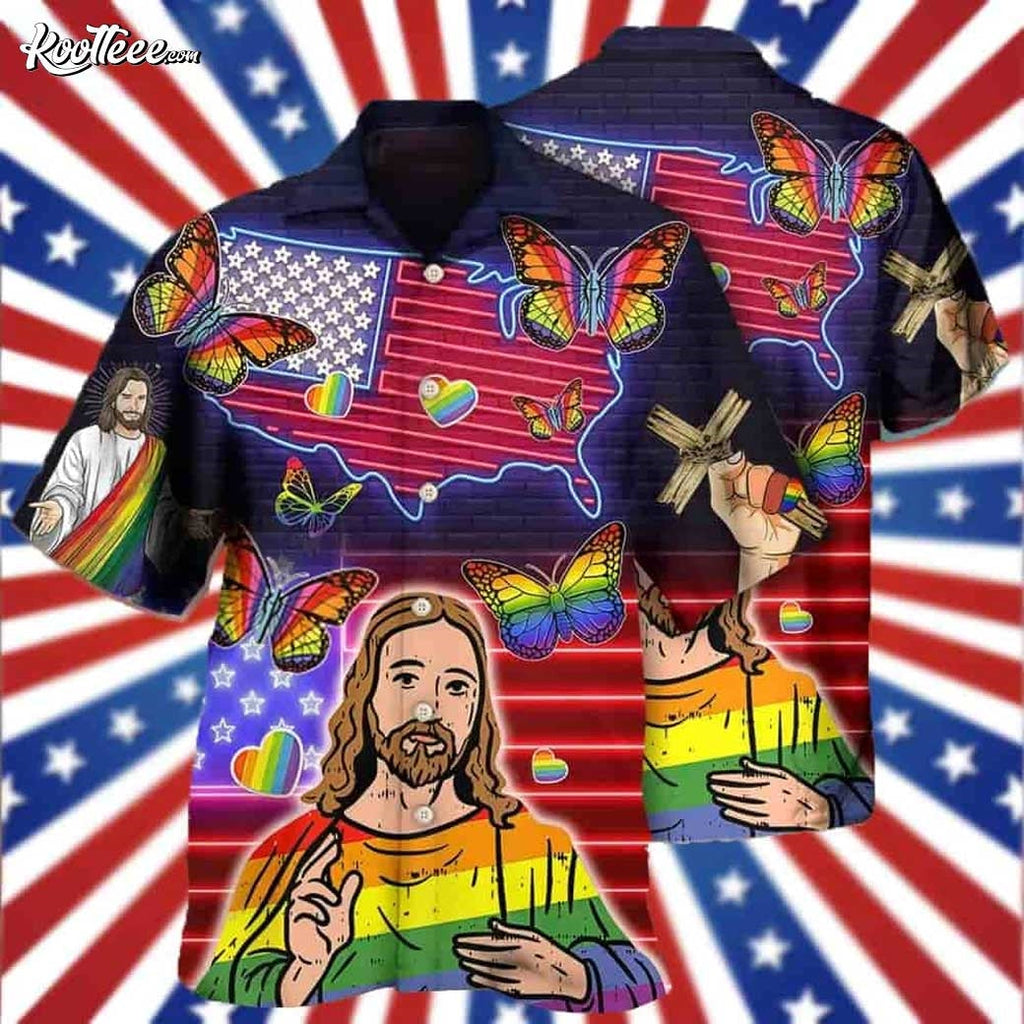 LGBT Independence Day Jesus Butterfly Neon Hawaiian - Adult & Kids T-Shirts, Sweatshirts & Hoodies apparel design preview 1