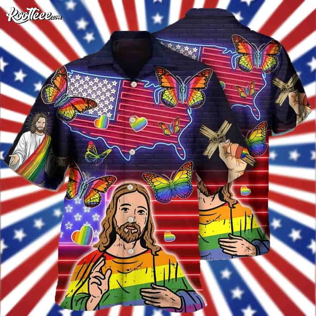 LGBT Independence Day Jesus Butterfly Neon Hawaiian - Adult & Kids T-Shirts, Sweatshirts & Hoodies apparel design preview 1