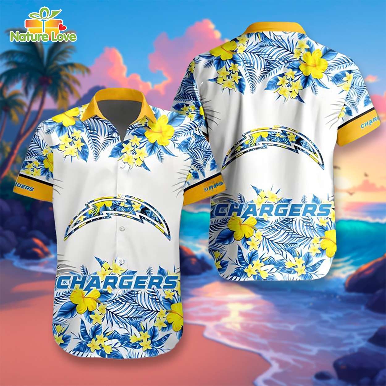 Los Angeles Chargers Logo Tropical Flower Hibiscus - Adult & Kids T-Shirts, Sweatshirts & Hoodies apparel design preview 1