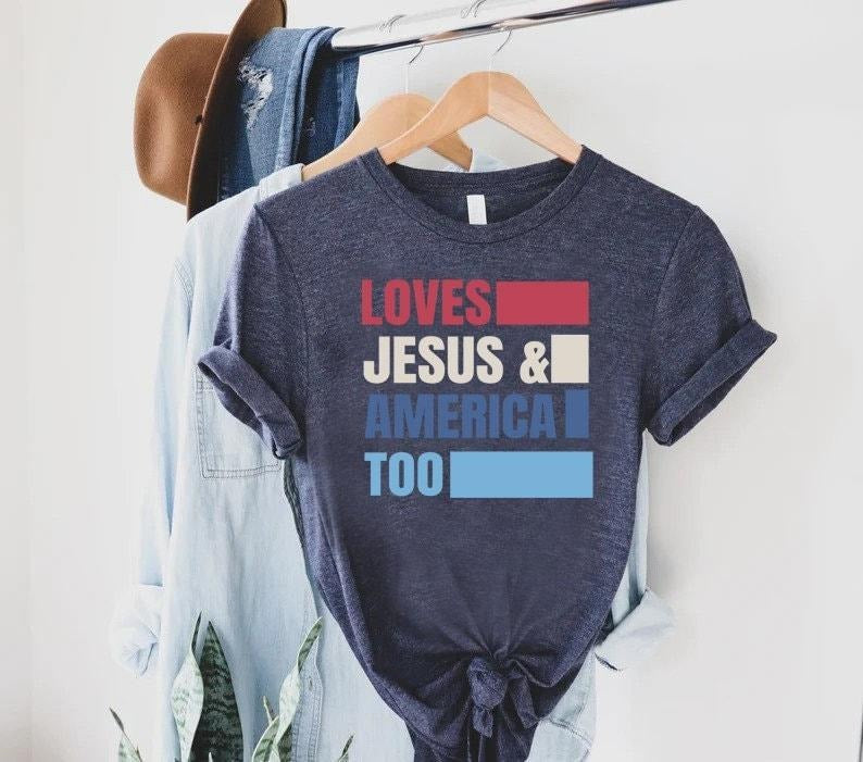 Loves Jesus America Too 4th July Memorial Day - Adult & Kids T-Shirts, Sweatshirts & Hoodies apparel design preview 1